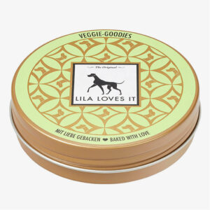 Vegetariskt hundgodis i grön plåtburk